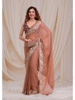 Koskii - Brown Embroidered Gota Georgette Saree with Unstitched Blouse