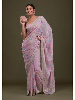 Koskii - Lavender Embroidered Sequined Georgette Saree with Unstitched Blouse