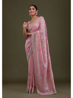 Koskii - Pink Embroidered Sequined Georgette Saree with Unstitched Blouse