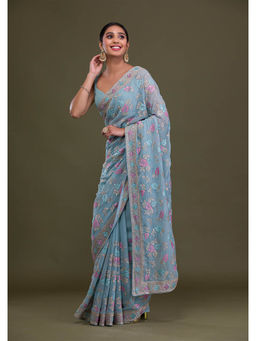 Koskii - Blue Embroidered Thread Work Georgette Saree with Unstitched Blouse