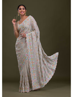 Koskii - Green Embroidered Beads & Stones Georgette Saree with Unstitched Blouse