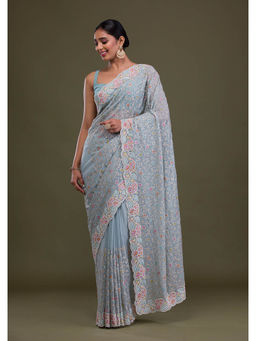 Koskii - Blue Embroidered Beads & Stones Georgette Saree with Unstitched Blouse