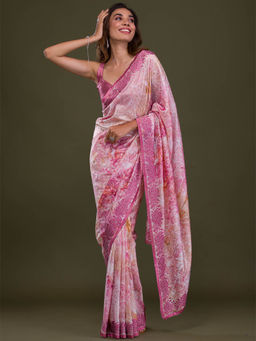 Koskii - Pink Embroidered Beads & Stones Crepe Saree with Unstitched Blouse