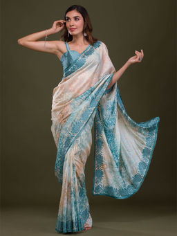 Koskii - Turquoise Embroidered Beads & Stones Crepe Saree with Unstitched Blouse