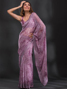 Koskii - Purple Embroidered Beads & Stones Crepe Saree with Unstitched Blouse