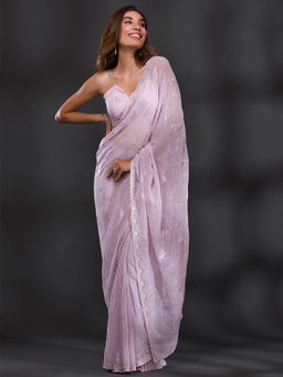 Koskii - Lavender Sequined Beads & Stones Georgette Saree with Unstitched Blouse