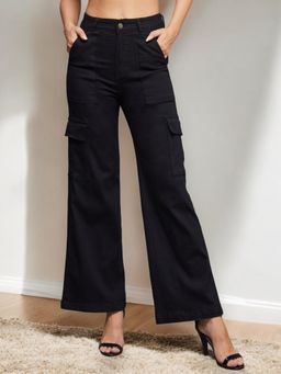 Miss Chase - Womens Black Straight-Leg High-Rise Stretchable Denim Cargo Jeans