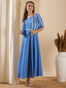 FASHOR - Solid A-Line Flared Cotton Maxi Dress with Striped Open Short Jacket - Blue (Set of 2)