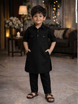 Superminis - Boys Black Cotton Pathani Full Sleeves Kurta Pyjama Set