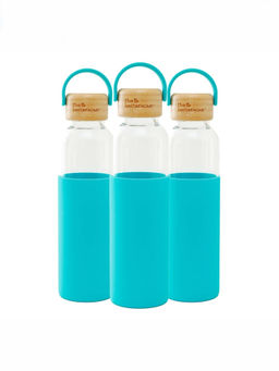 The Better Home - Pack of 3 Borosilicate Bottle with Sleeve and Bamboo Lid- Blue (500ml)