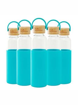 The Better Home - Pack of 5 Borosilicate Bottle with Sleeve and Bamboo Lid- Blue (500ml)