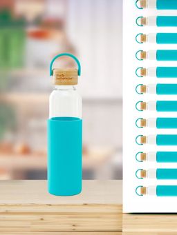 The Better Home - Pack of 10 Borosilicate Bottle with Sleeve and Bamboo Lid- Blue (500ml)