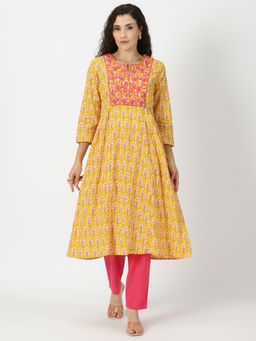 Saffron Threads - Yellow Sanganeri Floral Kurta with Yoke Embroidery