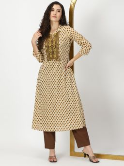 Saffron Threads - Mustard Marigold Print Cotton Kurta with Yoke Embroidery