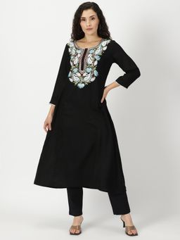 Saffron Threads - Black Solid Kurta with Kashida Embroidery