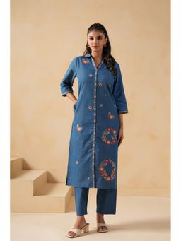 SAVI - Women Blue Cotton Blend Embroidered Kurta with Pant