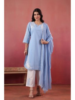 SAVI - Women Blue Cotton Embroidered Kurta with Pant and Dupatta