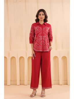 SAVI - Women Red Cotton Embroidered Co-Ord Set
