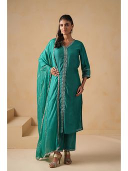 SAVI - Women Green Silk Blend Embroidered Kurta with Pant and Dupatta