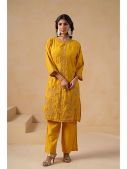 SAVI - Women Mustard Poly Silk Embroidered Kurta with Pant