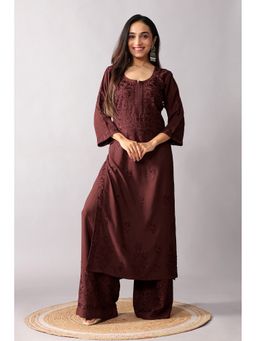 Colorkosh - Women Brown Silk Blend Embroidered Kurta with Palazzo