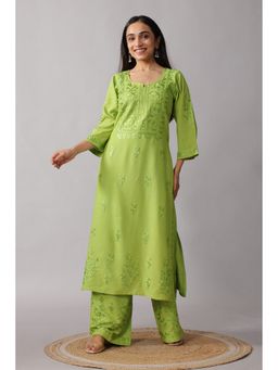 Colorkosh - Women Green Silk Blend Embroidered Kurta with Palazzo