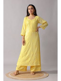 Colorkosh - Women Yellow Silk Blend Embroidered Kurta with Palazzo