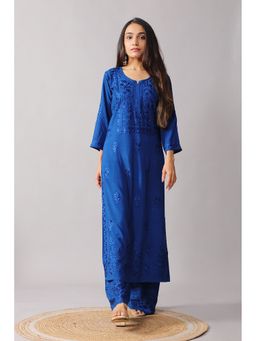 Colorkosh - Women Blue Silk Blend Embroidered Kurta with Palazzo