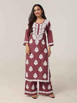 Colorkosh - Women Brown Silk Blend Embroidered Kurta with Palazzo