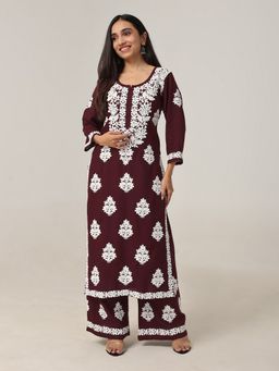 Colorkosh - Women Maroon Silk Blend Embroidered Kurta with Palazzo
