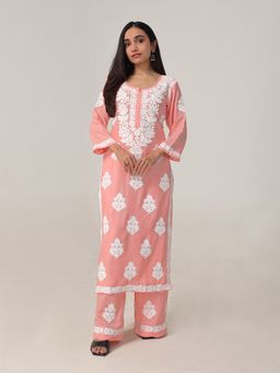 Colorkosh - Women Peach Silk Blend Embroidered Kurta with Palazzo