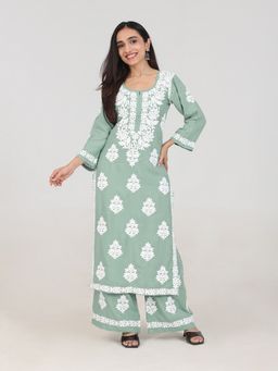 Colorkosh - Women Green Silk Blend Embroidered Kurta with Palazzo