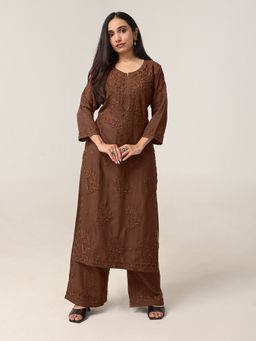 Colorkosh - Women Brown Silk Blend Embroidered Kurta with Palazzo