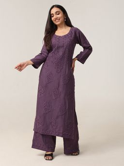 Colorkosh - Women Mauve Silk Blend Embroidered Kurta with Palazzo