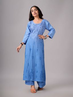 Colorkosh - Women Blue Raw Silk Embroidered Kurta with Palazzo