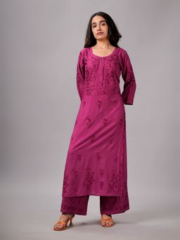 Colorkosh - Women Purple Raw Silk Embroidered Kurta with Palazzo