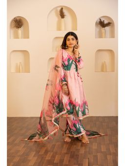 CHHAAP TILAK - Women Pink Organza Floral Angrakha Kurta with Pant and Dupatta