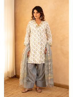 CHHAAP TILAK - Women Grey Cotton Abstract Kurta with Salwar and Dupatta