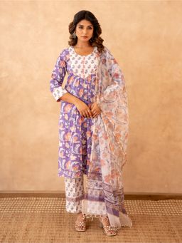 CHHAAP TILAK - Women Lavender Cotton Floral Kurta with Trouser and Dupatta