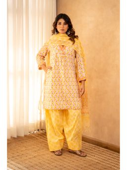 CHHAAP TILAK - Women Yellow Cotton Floral Kurta with Salwar and Dupatta
