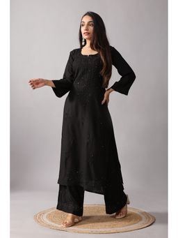 Colorkosh - Women Black Silk Blend Embroidered Kurta with Palazzo