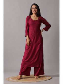 Colorkosh - Women Maroon Silk Blend Embroidered Kurta with Palazzo