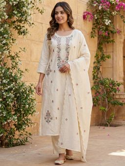 INDDUS - Off White Floral Sequined Embroidered Kurta and Pant with Dupatta