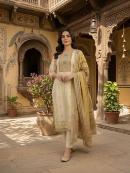 INDDUS - Cream Motifs Printed Kurta and Pant with Dupatta