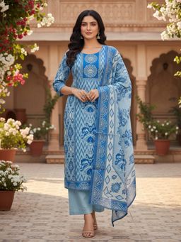 INDDUS - Blue Printed Kurta and Pant with Dupatta