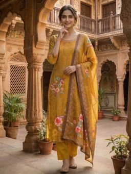 INDDUS - Mustard Floral Printed & Sequinned Embroidered Kurta and Pant with Dupatta