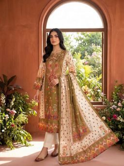 INDDUS - Cream Printed & Hand Embroidered Kurta and Pant with Dupatta