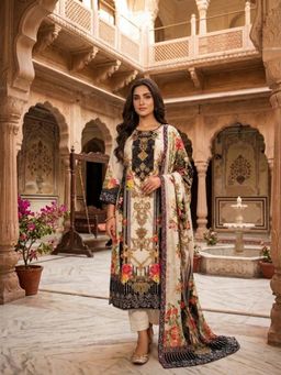 INDDUS - Motifs Printed Off White Sequined Embroidered Kurta and Pant with Dupatta