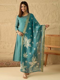 INDDUS - Green Women Ethnic Motifs Thread & Mirror Work Kurta and Pant with Dupatta
