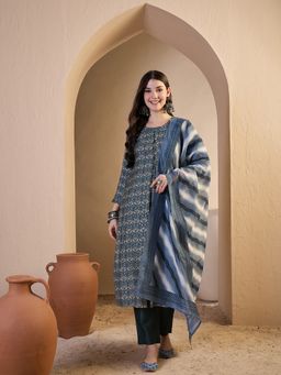INDDUS - Grey Floral Printed A-Line Kurta and Pant with Dupatta